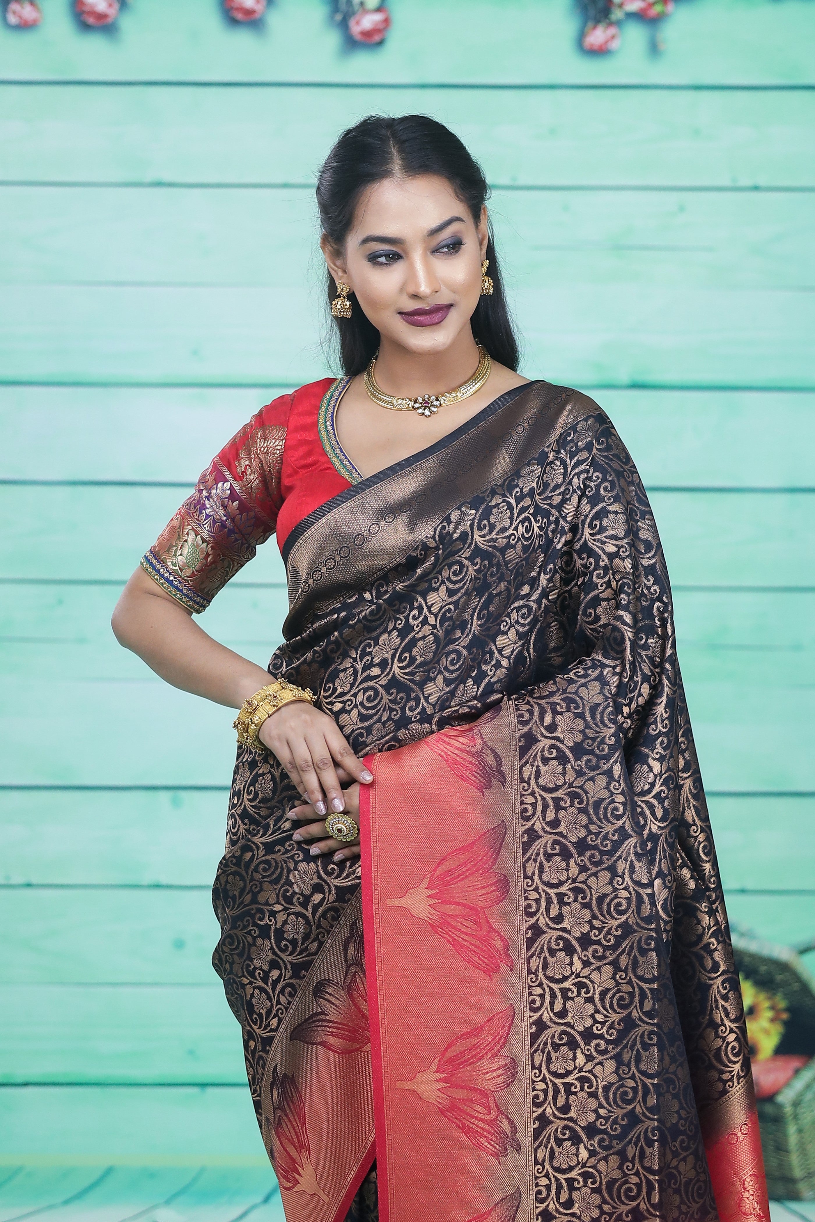 Black Dupion Silk Saree with Red Border - Keya Seth Exclusive