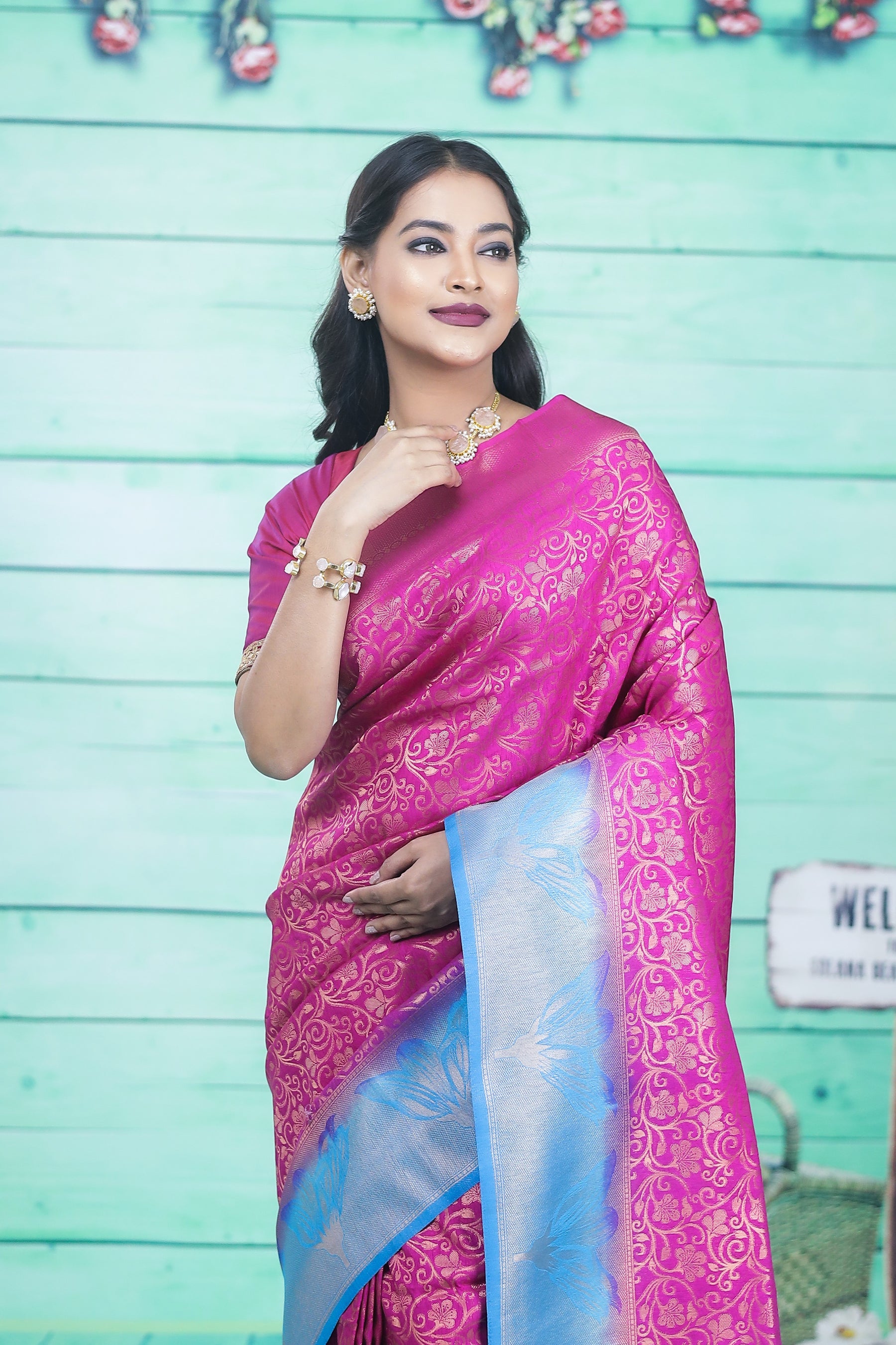 Pink Dupion Silk Saree with Blue Border - Keya Seth Exclusive