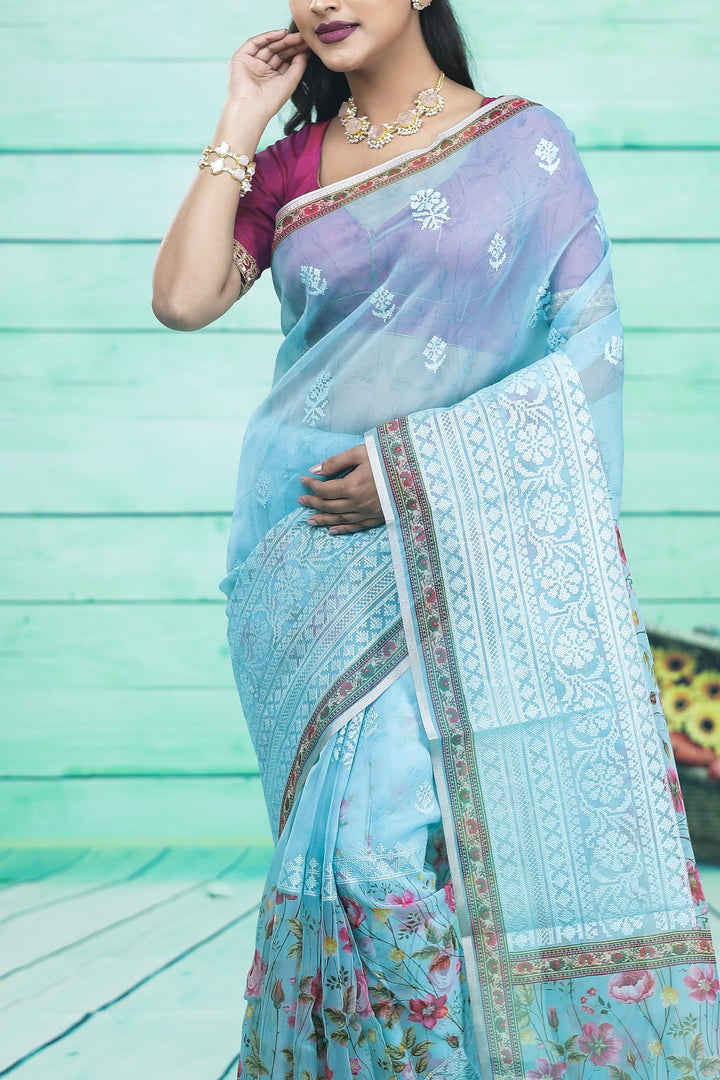 Blue Organza Saree with Floral Design - Keya Seth Exclusive