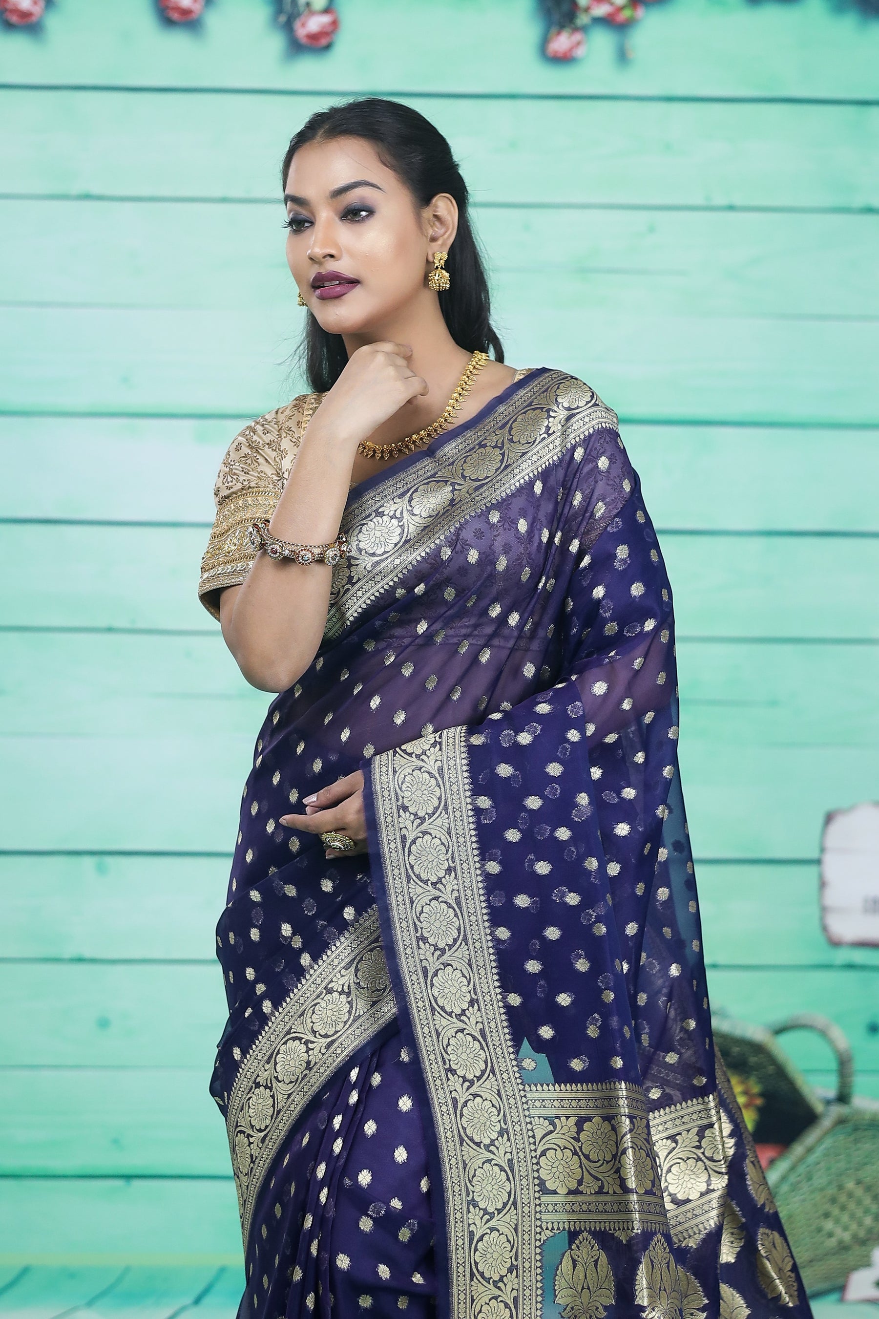 Navy Blue Soft Tissue Saree - Keya Seth Exclusive