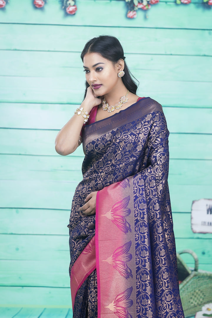 Navy Blue Dupion Silk Saree with Pink Border - Keya Seth Exclusive