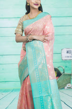 Load image into Gallery viewer, Peach and Green Soft Tissue Saree - Keya Seth Exclusive