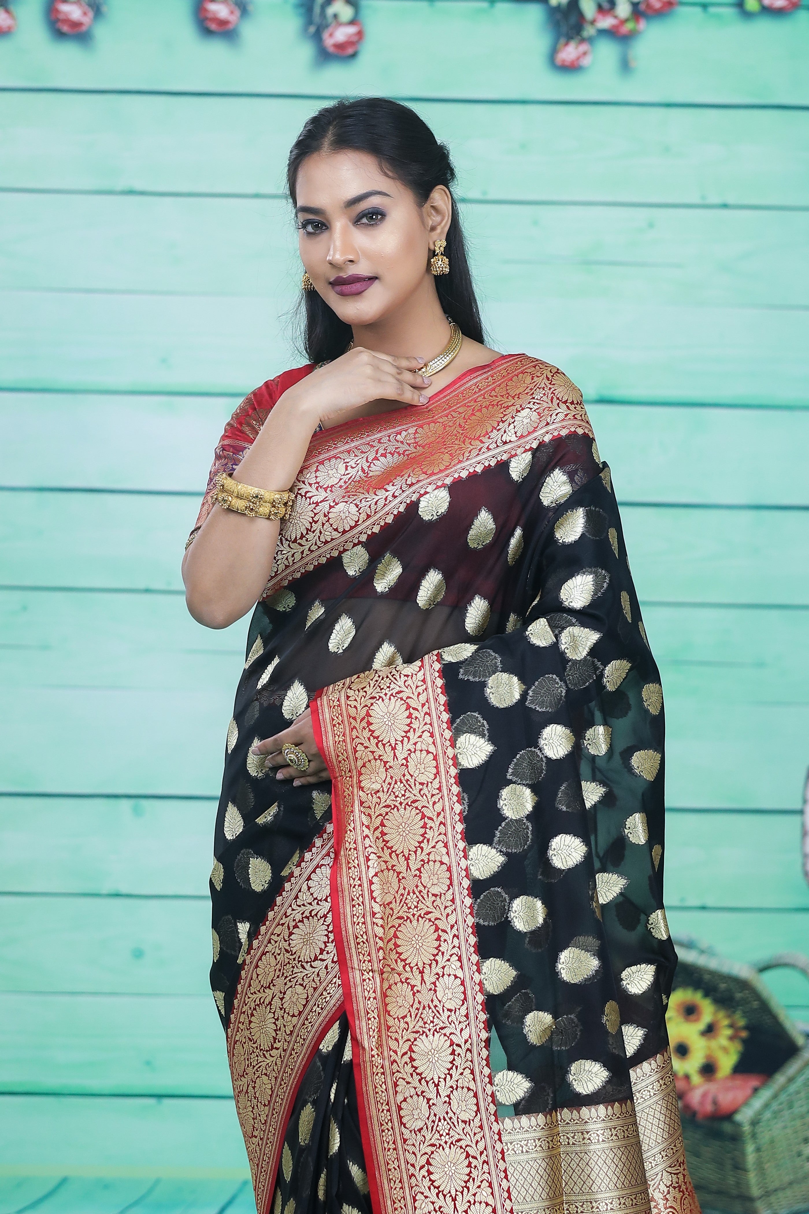 Black with Red Border Tissue Saree - Keya Seth Exclusive