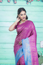 Load image into Gallery viewer, Magenta Dupion Silk Saree with Blue Border - Keya Seth Exclusive
