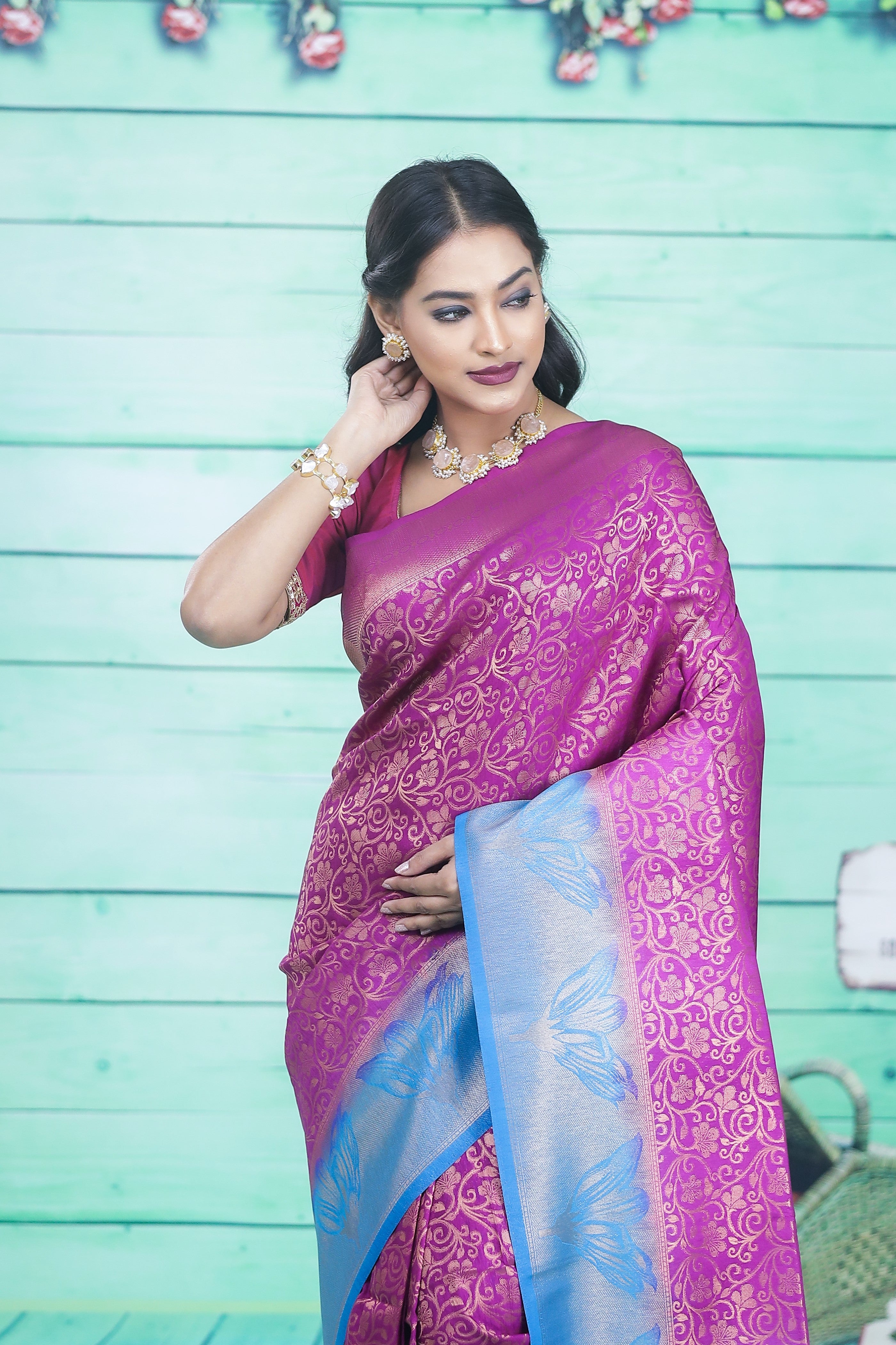 Magenta Dupion Silk Saree with Blue Border - Keya Seth Exclusive