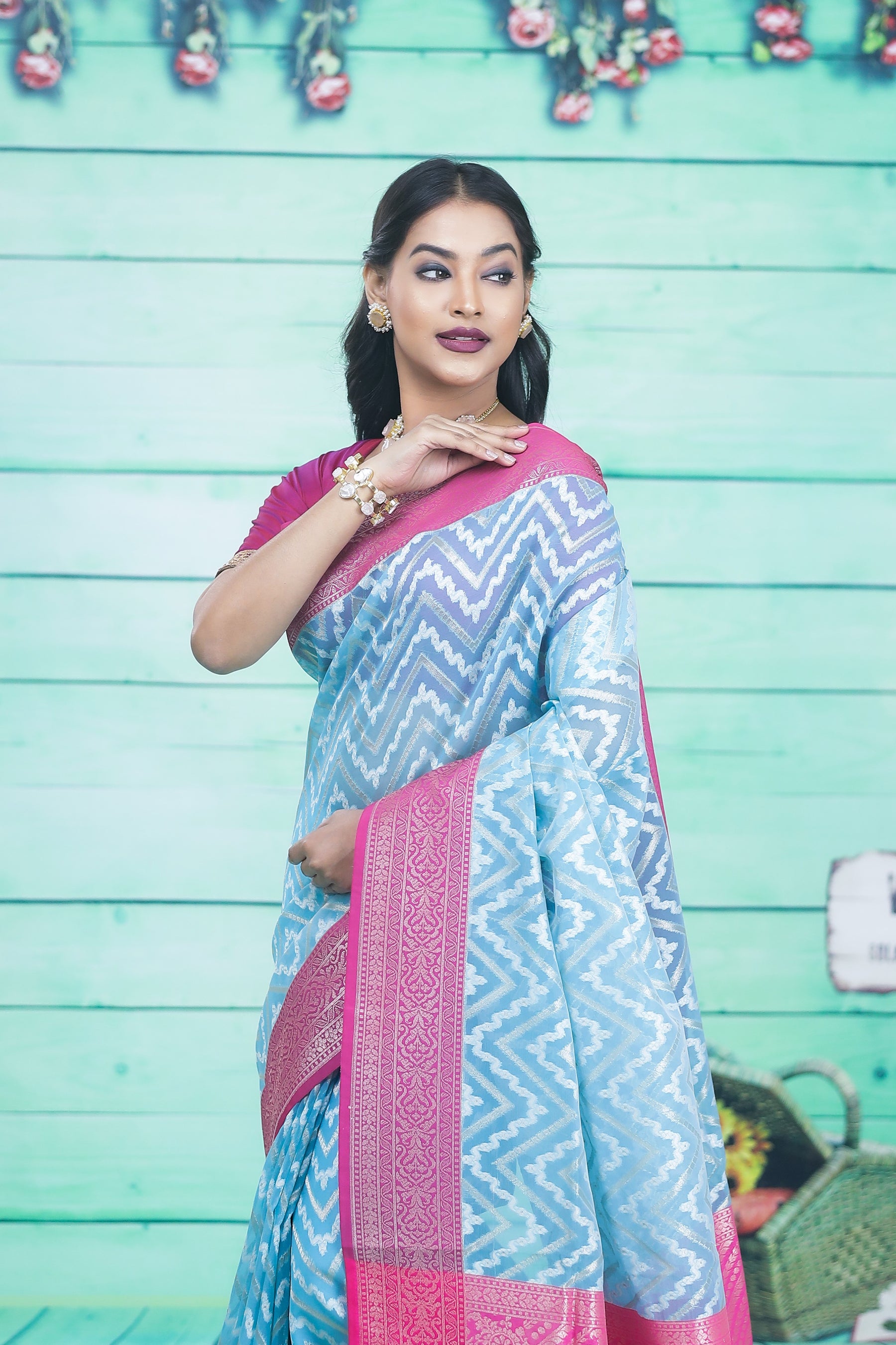 Sky-Blue and Pink Soft Tissue Saree - Keya Seth Exclusive