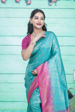 Load image into Gallery viewer, Sea Green Dupion Silk Saree with Pink Border - Keya Seth Exclusive
