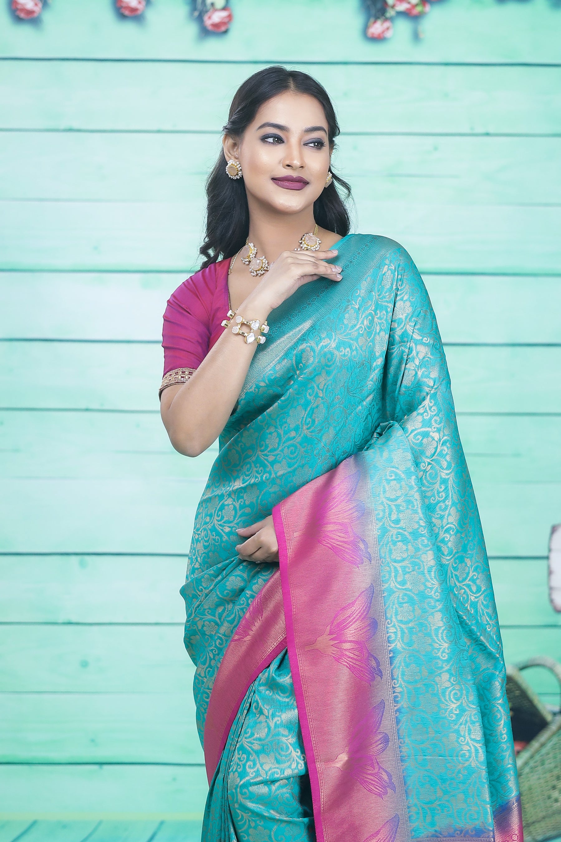 Sea Green Dupion Silk Saree with Pink Border - Keya Seth Exclusive