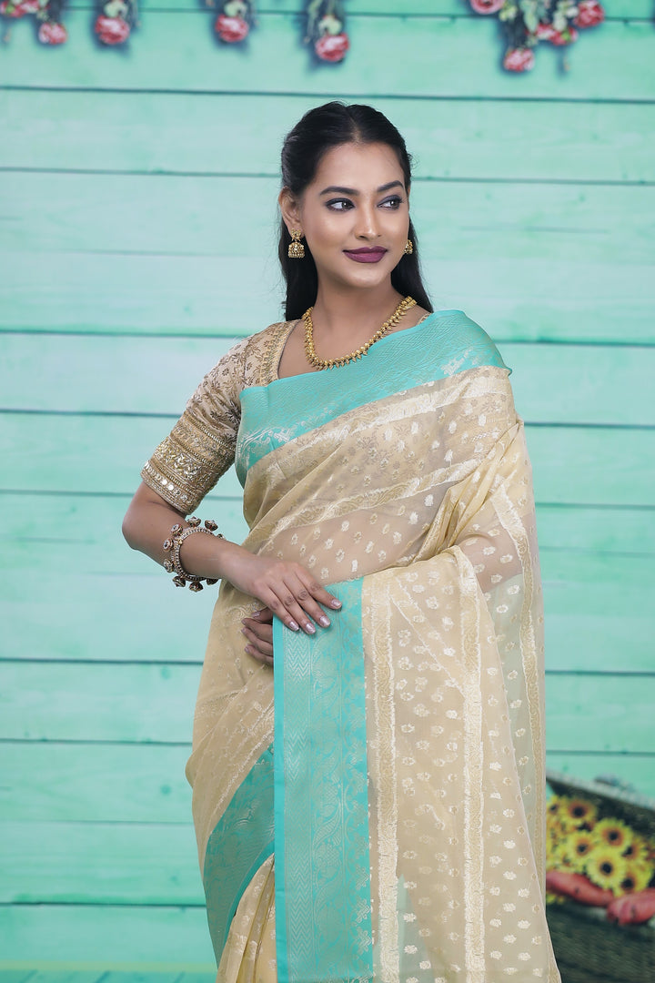 Off-white and Green Soft Tissue Saree - Keya Seth Exclusive
