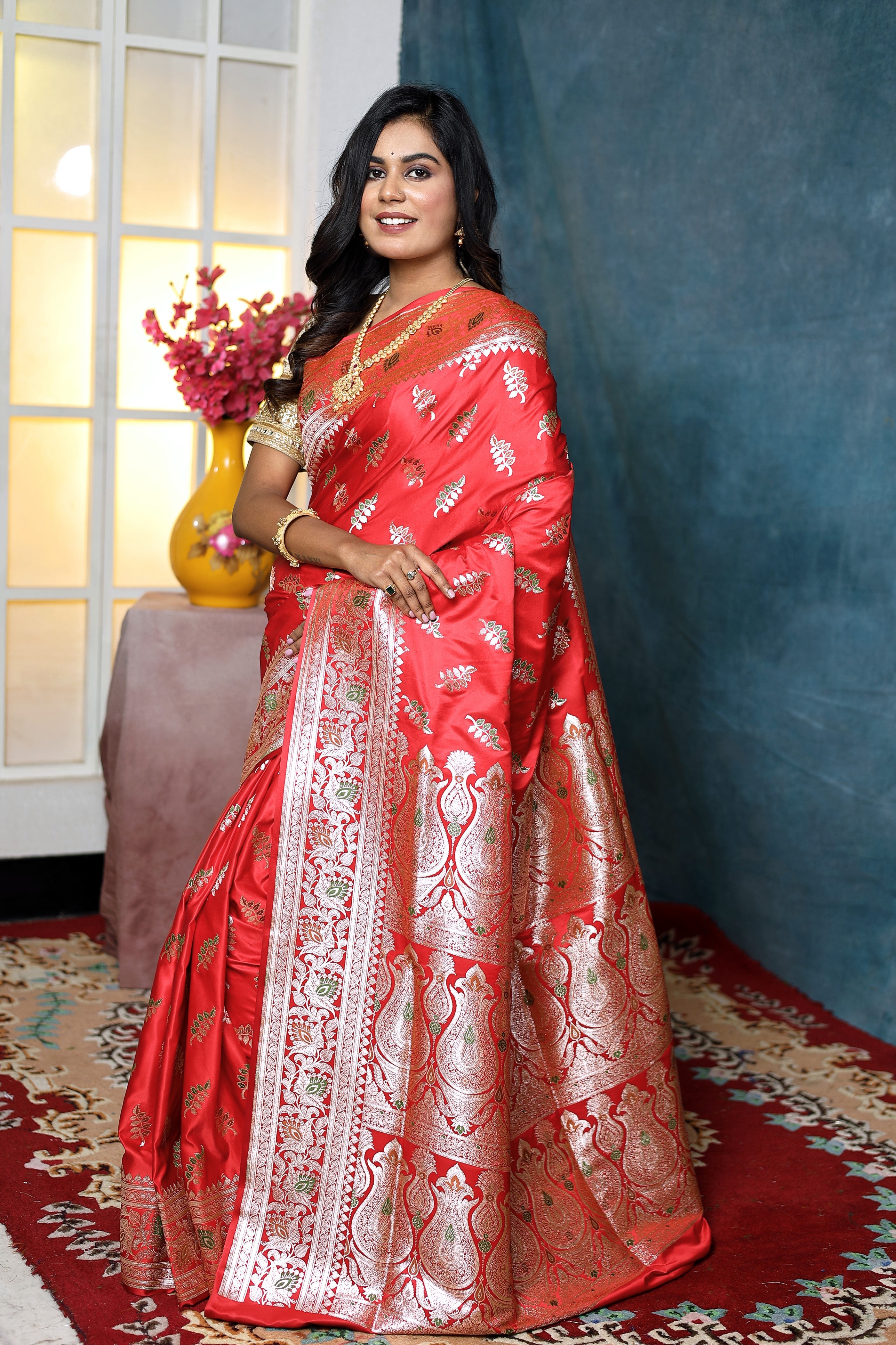 Coral Red Minakari Banarasi Saree - Keya Seth Exclusive