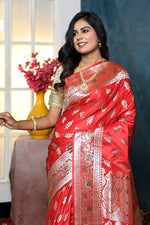 Load image into Gallery viewer, Coral Red Minakari Banarasi Saree - Keya Seth Exclusive