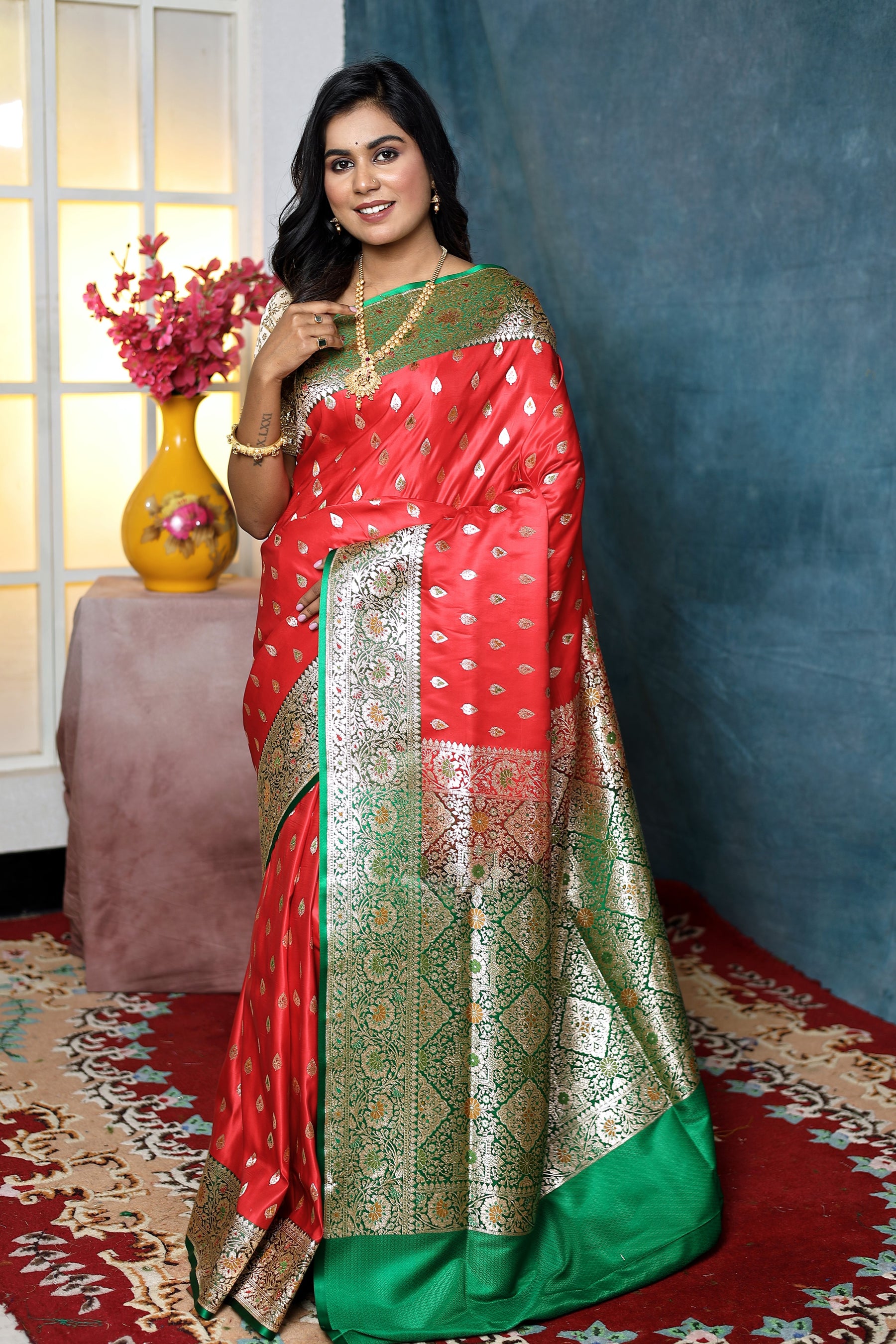 Coral Red Banarasi Saree - Keya Seth Exclusive