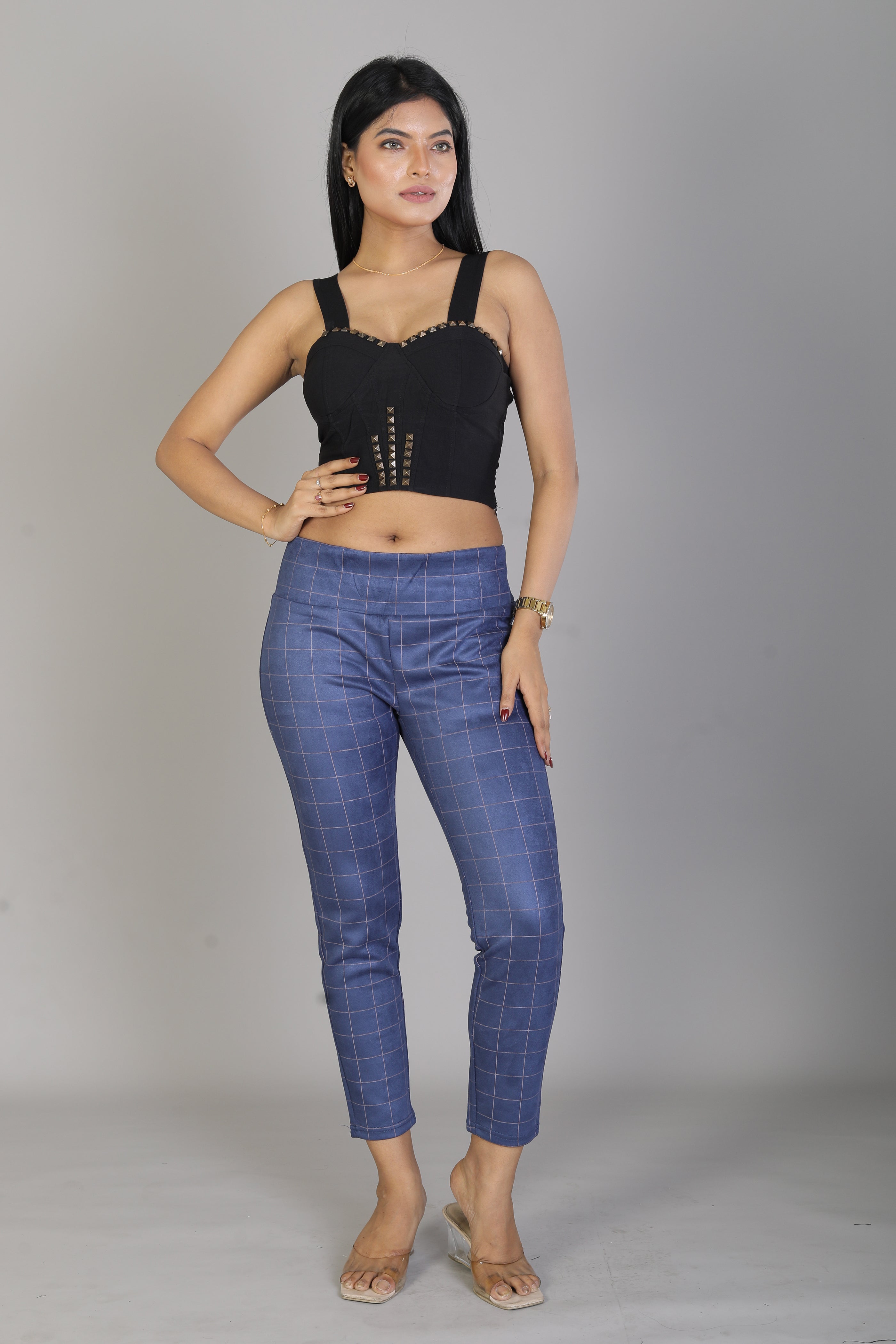 Women's Blue Checkered Jeggings - Keya Seth Exclusive