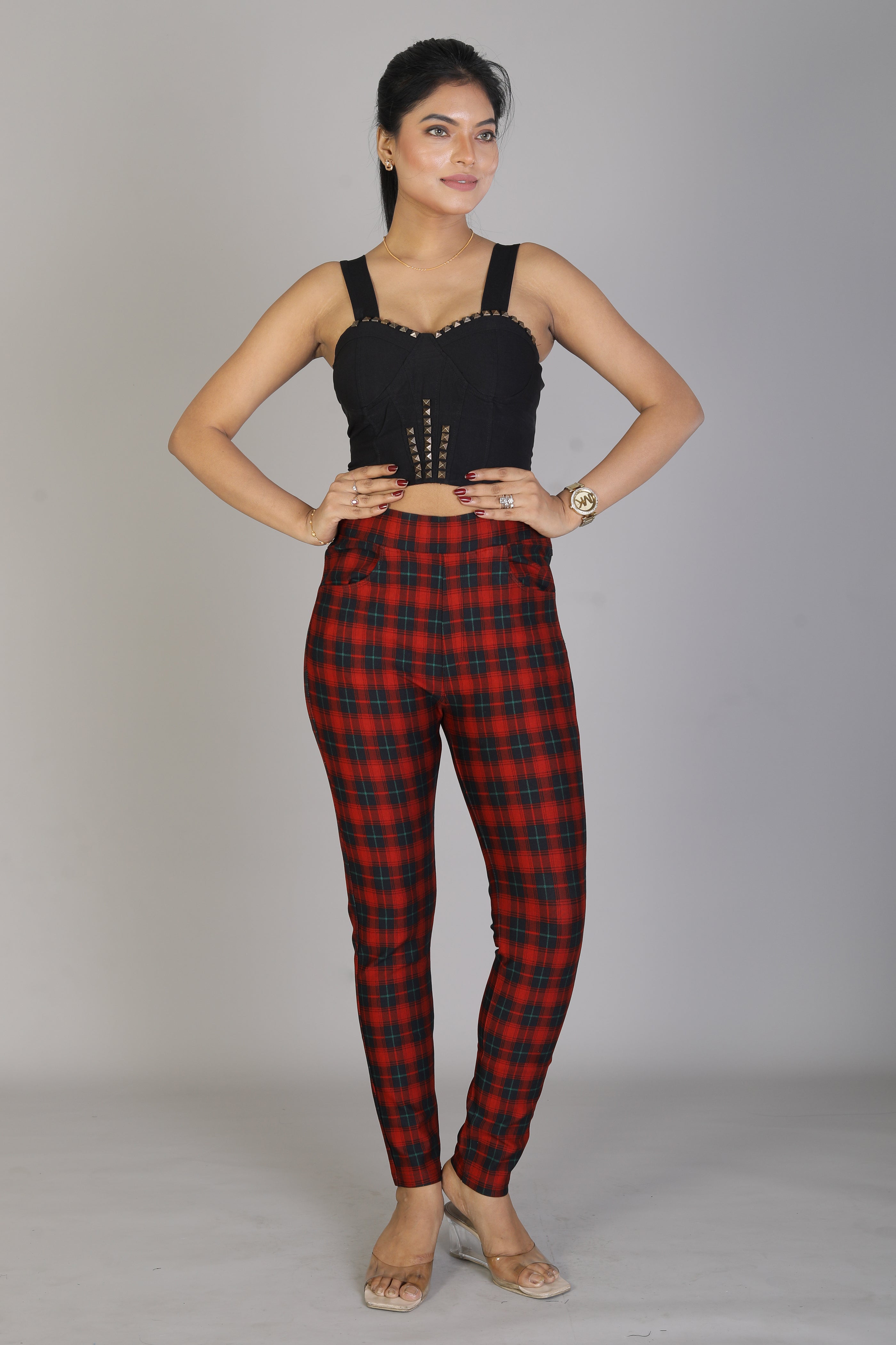 Women's Red Checkered Jeggings - Keya Seth Exclusive
