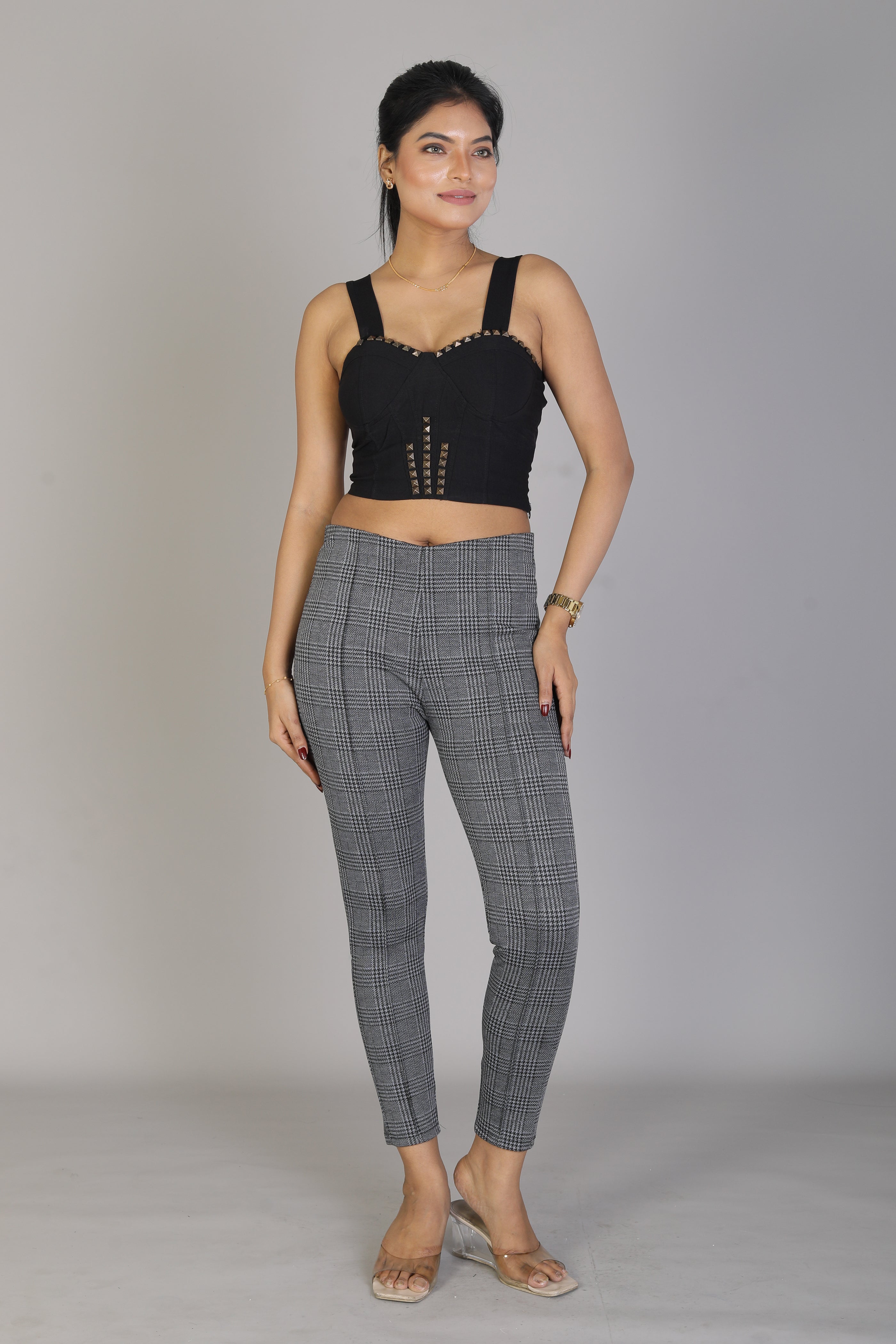 Women's Soft Checkered Grey Jeggings - Keya Seth Exclusive