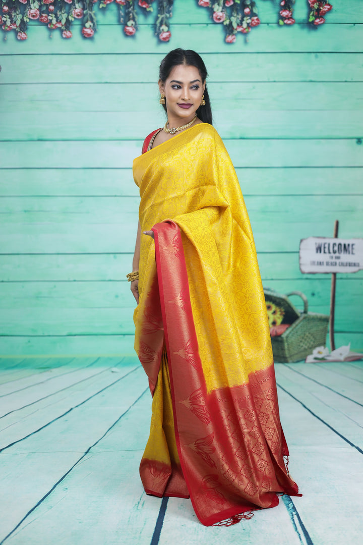 Yellow Dupion Silk Saree with Red Border - Keya Seth Exclusive