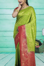 Load image into Gallery viewer, Light Green Dupion Silk Saree with Red Border - Keya Seth Exclusive