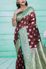 Load image into Gallery viewer, Maroon with Green Border Tissue Saree - Keya Seth Exclusive