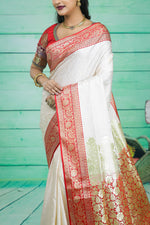 Load image into Gallery viewer, Red and Off-White Semi Katan Silk Saree - Keya Seth Exclusive

