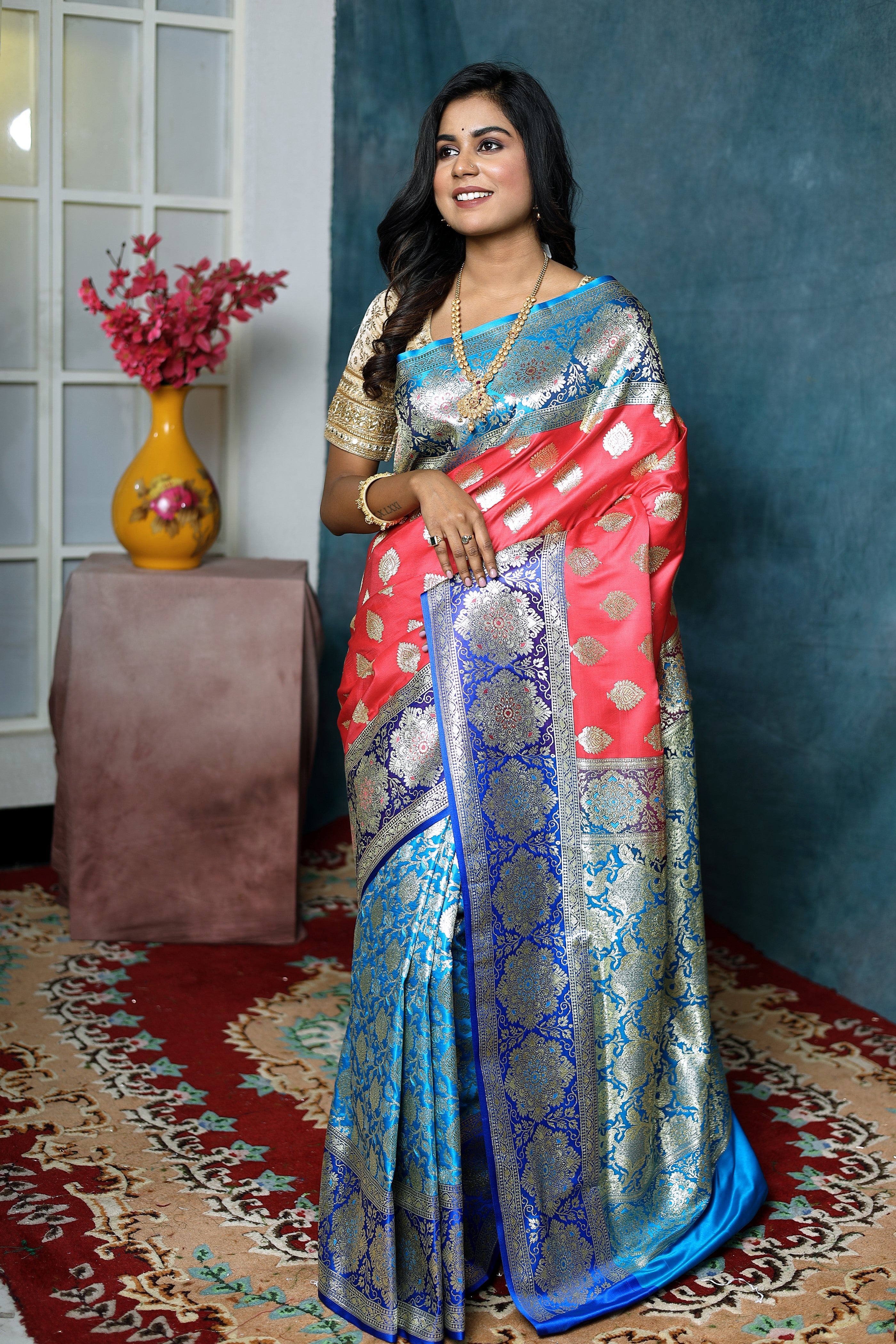 Light Red and Blue Half and Half Banarasi Saree - Keya Seth Exclusive