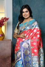 Load image into Gallery viewer, Light Red and Blue Half and Half Banarasi Saree - Keya Seth Exclusive

