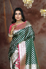 Load image into Gallery viewer, Bottle Green and Pink Patli Pallu Banarasi Saree - Keya Seth Exclusive