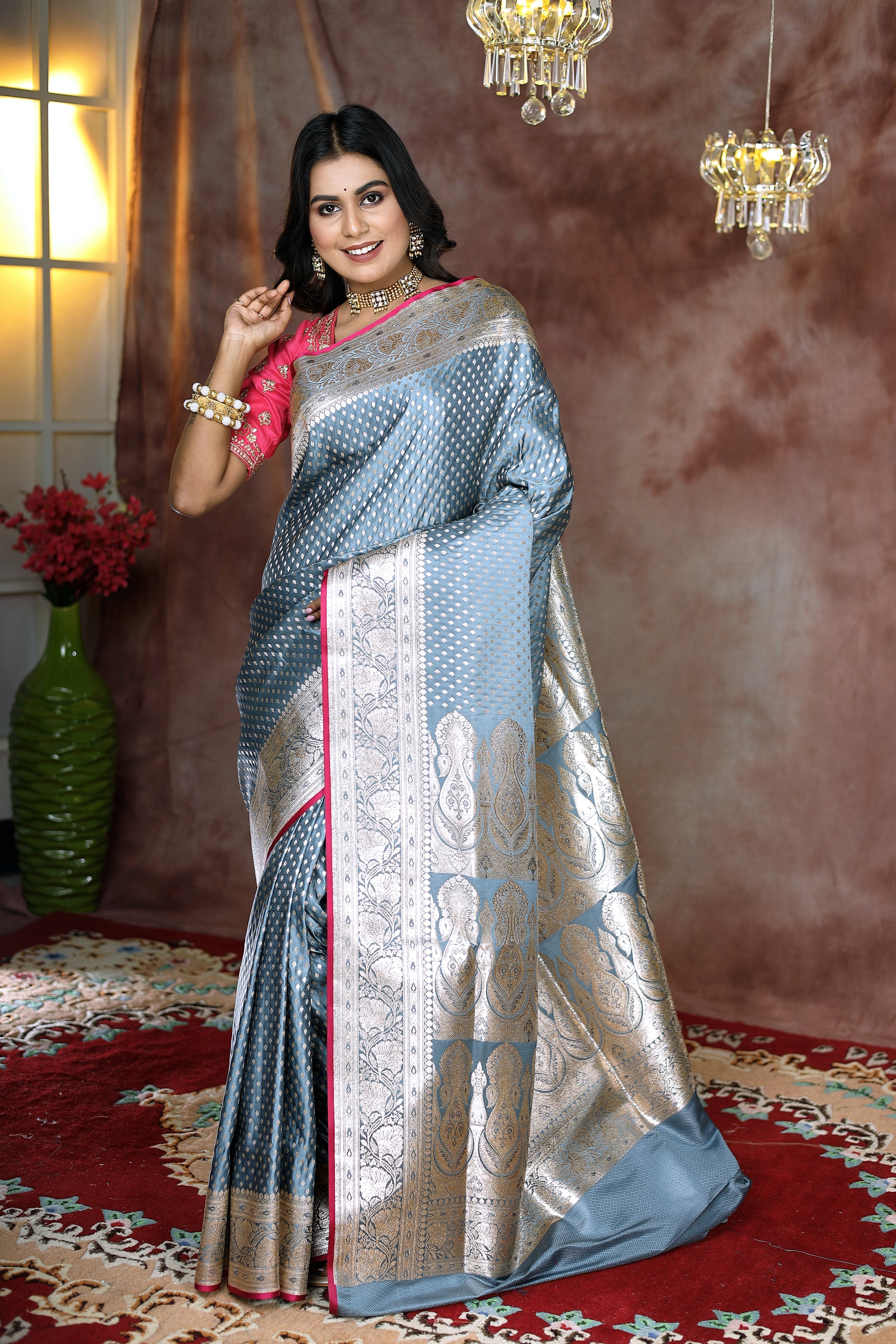 Grey Banarasi Saree with pink border - Keya Seth Exclusive