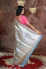 Load image into Gallery viewer, Grey Banarasi Saree with pink border - Keya Seth Exclusive