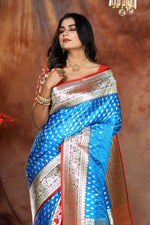 Load image into Gallery viewer, Patli Pallu Blue and Red Banarasi Saree - Keya Seth Exclusive