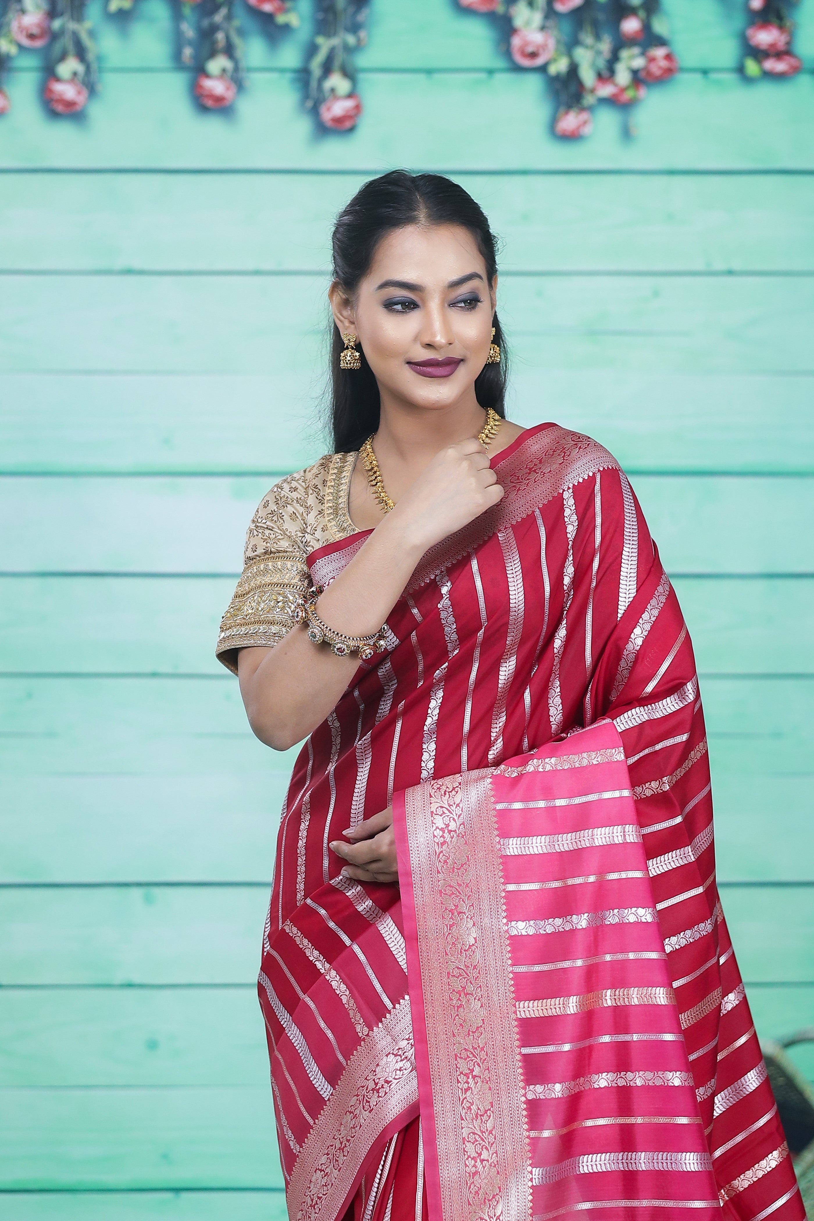 Red and Peach Chanderi Silk Saree - Keya Seth Exclusive