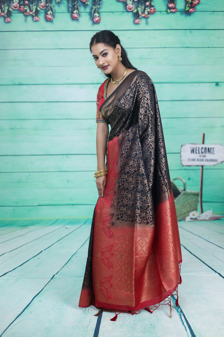 Black Dupion Silk Saree with Red Border - Keya Seth Exclusive