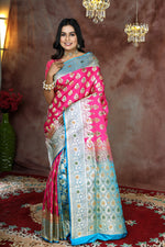 Load image into Gallery viewer, Pink and Blue Minakari Patli Pallu Banarasi Saree - Keya Seth Exclusive