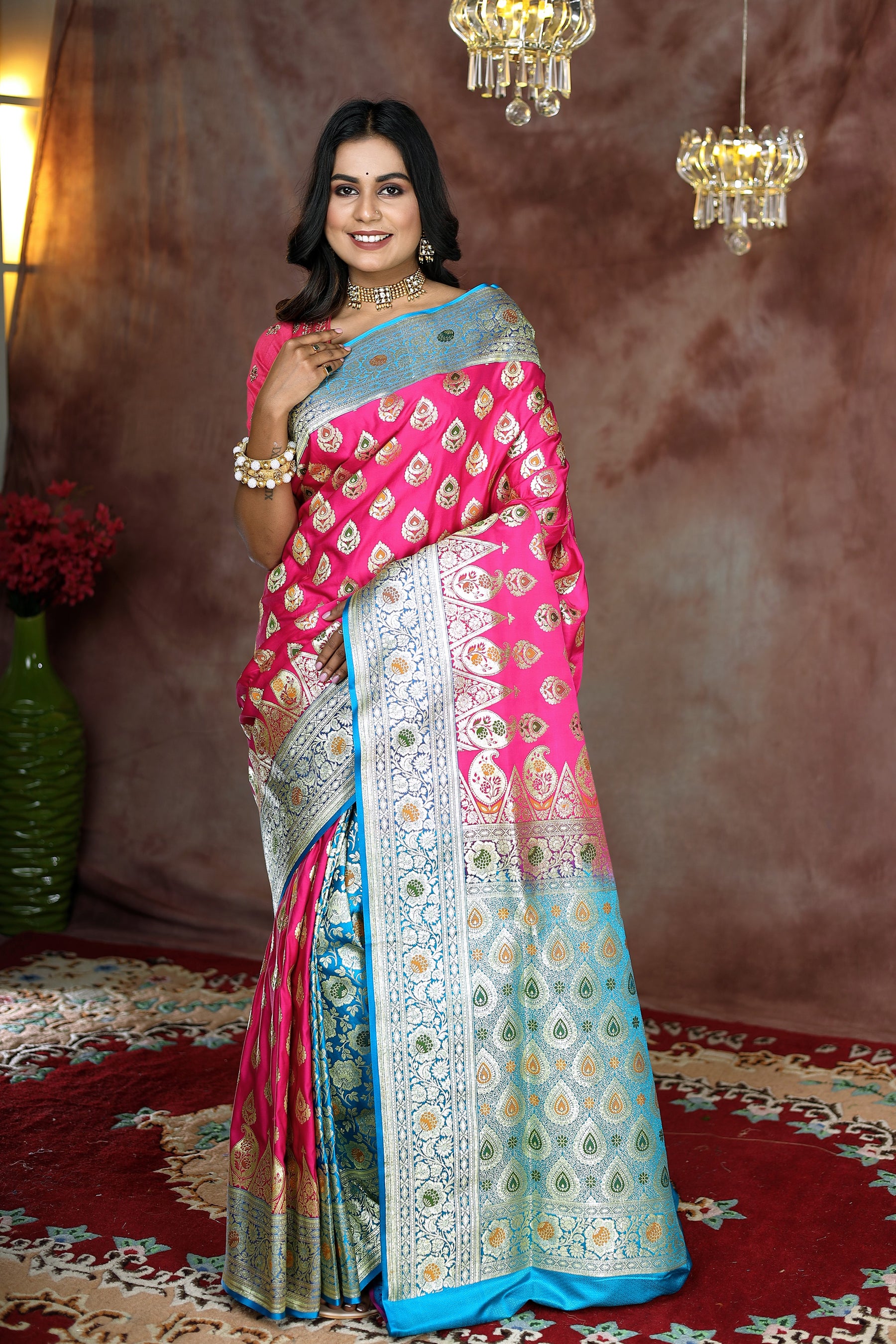 Pink and Blue Minakari Patli Pallu Banarasi Saree - Keya Seth Exclusive