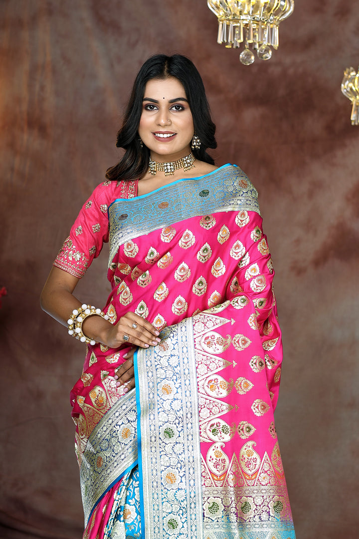 Pink and Blue Minakari Patli Pallu Banarasi Saree - Keya Seth Exclusive