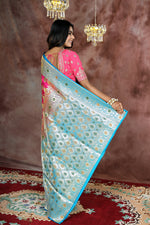 Load image into Gallery viewer, Pink and Blue Minakari Patli Pallu Banarasi Saree - Keya Seth Exclusive
