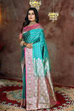 Load image into Gallery viewer, Green Jal work Banarasi Saree with Pink Border - Keya Seth Exclusive