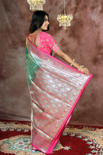 Load image into Gallery viewer, Green Jal work Banarasi Saree with Pink Border - Keya Seth Exclusive
