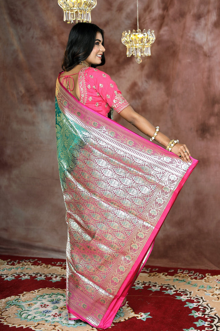 Green Jal work Banarasi Saree with Pink Border - Keya Seth Exclusive