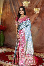 Load image into Gallery viewer, Grey and Pink Patli Pallu Banarasi Saree - Keya Seth Exclusive