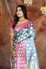 Load image into Gallery viewer, Grey and Pink Patli Pallu Banarasi Saree - Keya Seth Exclusive

