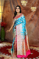 Load image into Gallery viewer, Light Blue and Pink Minakari Patli Pallu Banarasi Saree - Keya Seth Exclusive
