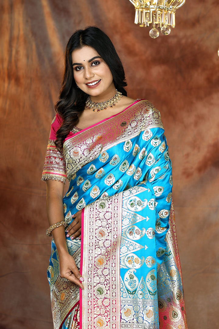 Light Blue and Pink Minakari Patli Pallu Banarasi Saree - Keya Seth Exclusive