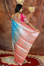 Load image into Gallery viewer, Light Blue and Pink Minakari Patli Pallu Banarasi Saree - Keya Seth Exclusive