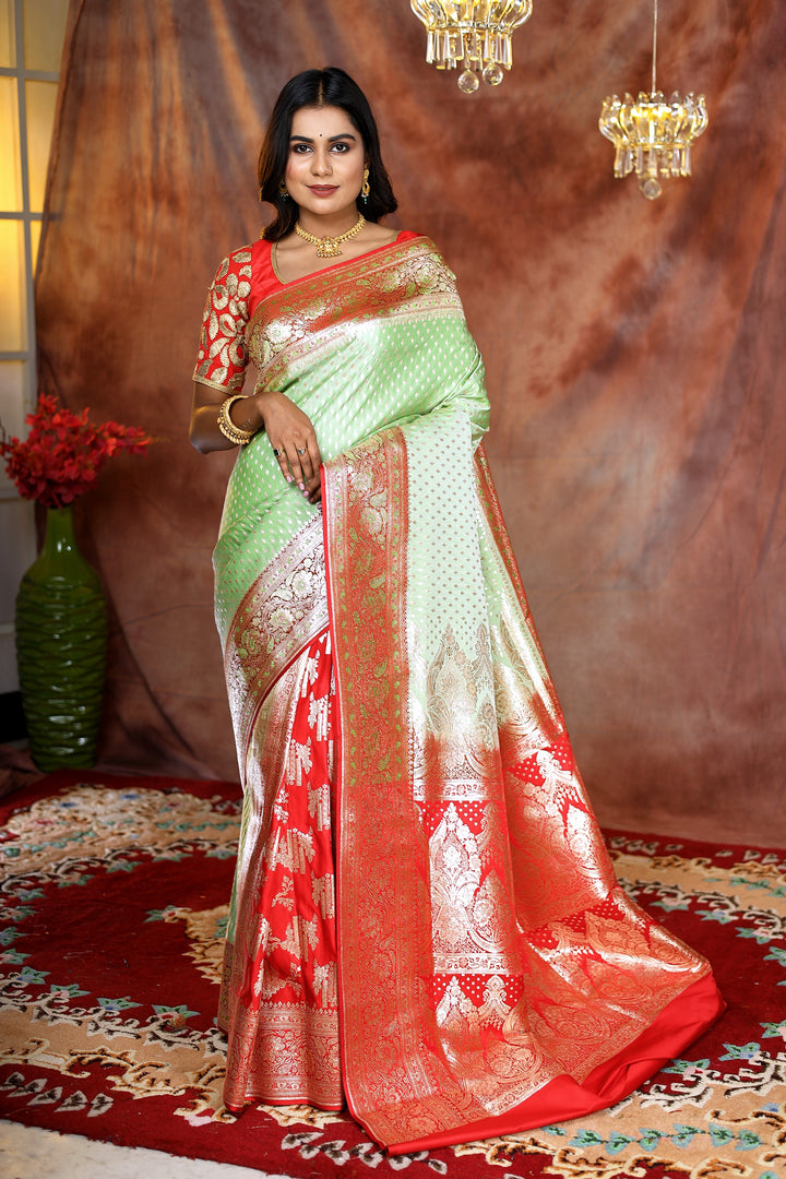 Patli-Pallu Mint Green and Red Banarasi Saree - Keya Seth Exclusive
