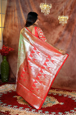 Load image into Gallery viewer, Patli-Pallu Mint Green and Red Banarasi Saree - Keya Seth Exclusive