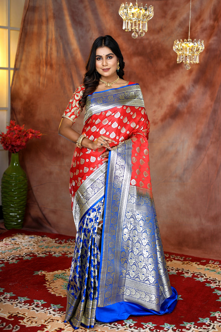 Half and Half Red and Blue Banarasi Saree - Keya Seth Exclusive