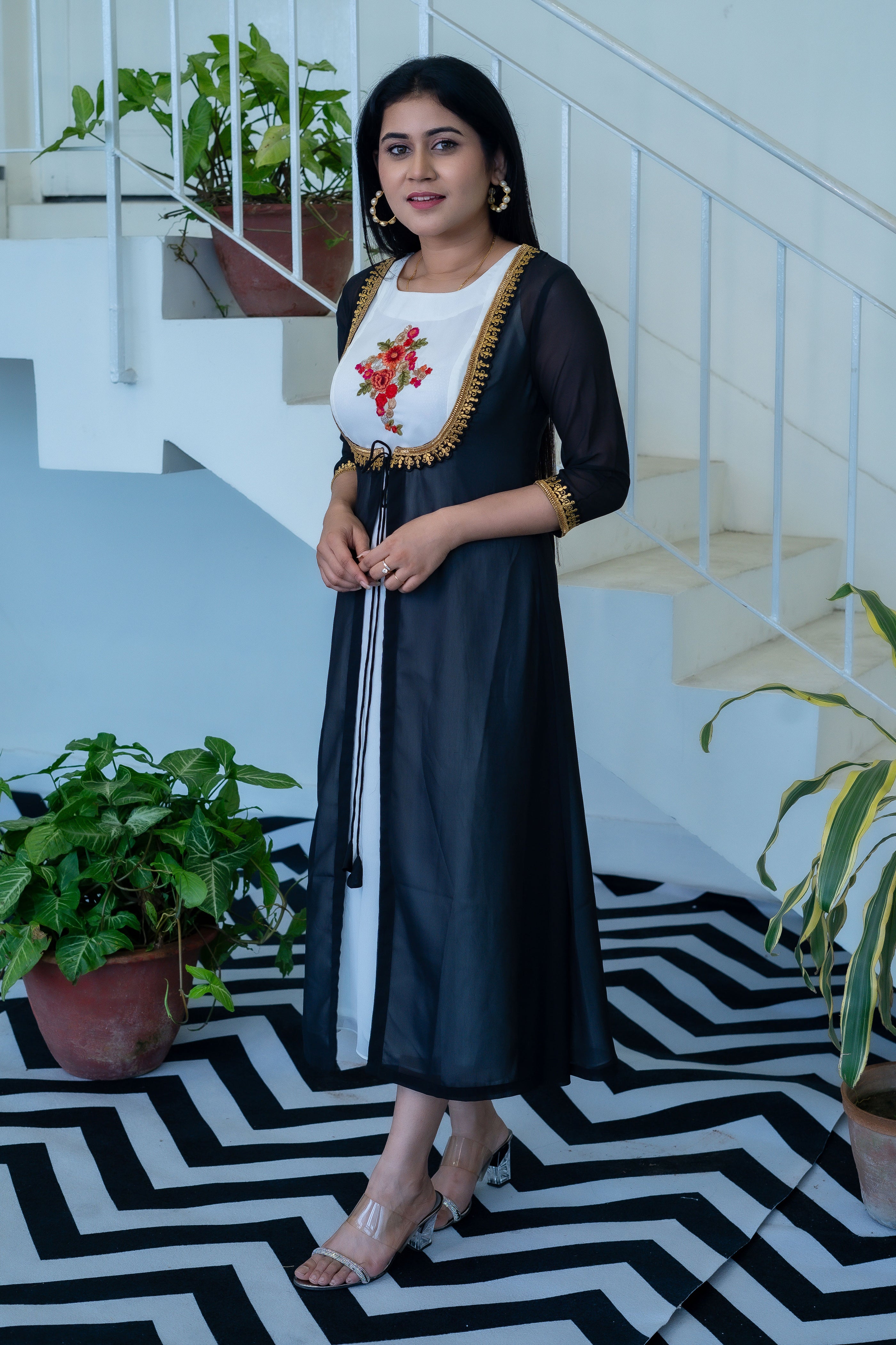 White Elegant Dress with Black Shrug - Keya Seth Exclusive