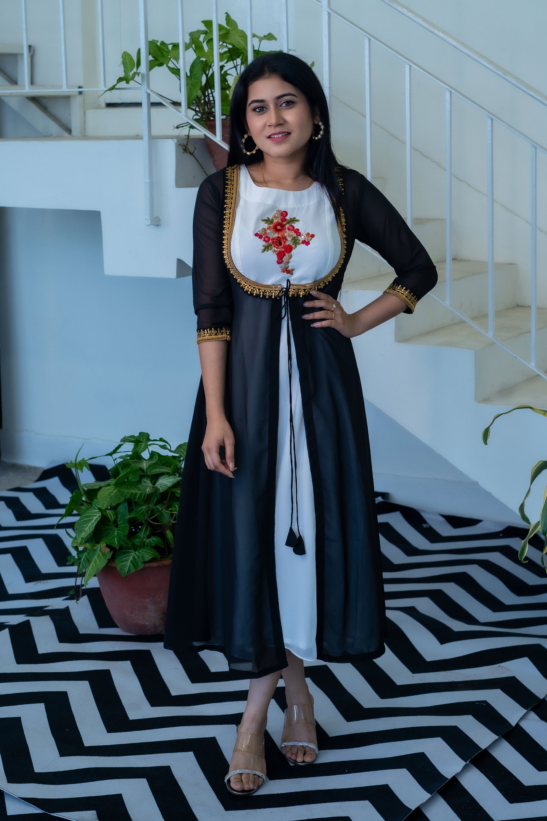 White Elegant Dress with Black Shrug - Keya Seth Exclusive