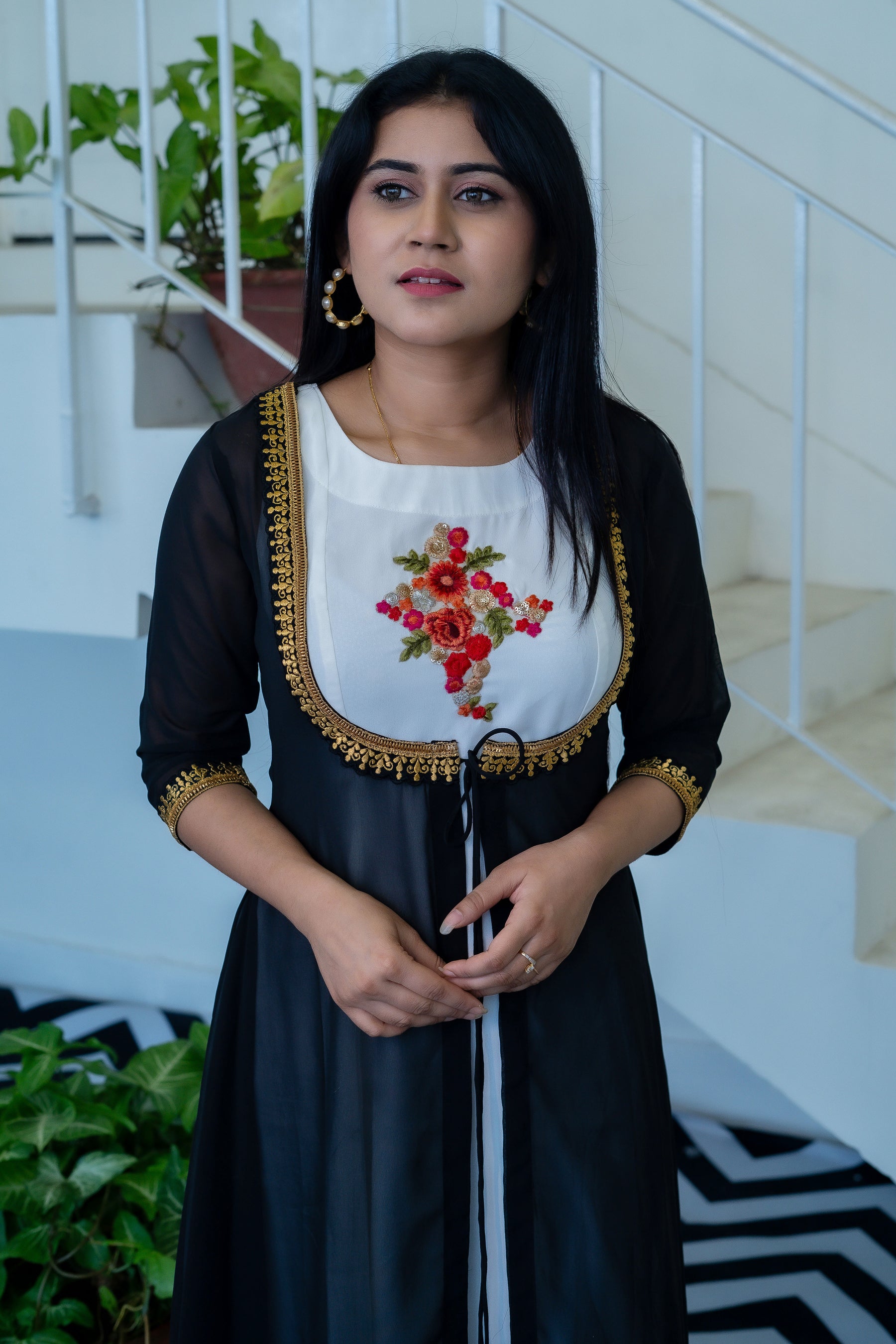 White Elegant Dress with Black Shrug - Keya Seth Exclusive
