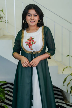 White Flowy Dress with Bottle Green Shrug - Keya Seth Exclusive